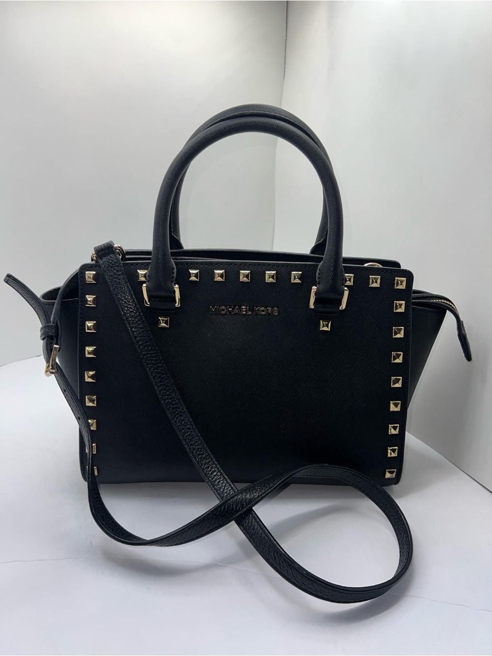 Michael Kors Selma Satchel Black Studded Saffiano Leather with Gold Hardware
